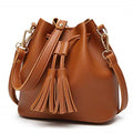 Sanviglor Crossbody Bag for Women Tassel Bucket Bag Drawstring Satchel Bag PU Leather Shoulder Handbag Brown